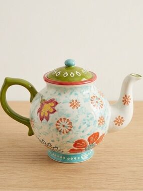 Dutch Wax Hand Painted 6-Cup Teapot Ceramic Colorful Floral Boho Shabby Chic